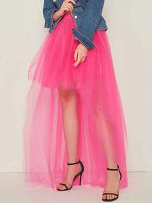 European And American Style Sexy Asymmetric Mesh Skirt, Plain, Short Front And Long Rear Puffy Skirt - Hot Pink - View 2