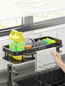 1 件防銹淋浴角推車帶掛鉤,壁掛式粘合淋浴整理架,浴室儲物架,壁掛式浮動架 - 黑色-帶毛巾槓 - 查看 2