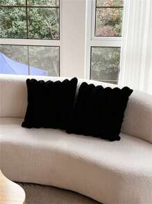1入組黑色北歐風濃密條紋加厚絨面聚酯纖維坐墊套,配兔子毛仿拉帶設計,適用於客廳沙發家居裝飾 - 黑色 - 查看 1