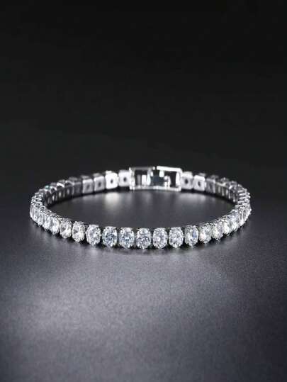 1pc Round Full Diamond Cz Stone Single Strand Bracelet, 4mm Width, Fashionable For Women