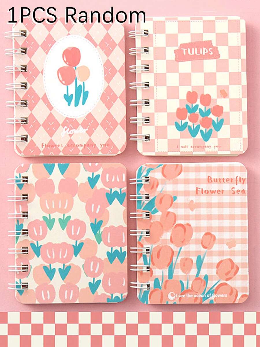 1pc Random Mini Portable Pocket Notebook, Vintage Floral Cute Small Notebook, A7 Size, 80 Pages, Cute Stationery, Scrapbook Diary, Suitable For Students - Pink - View 1