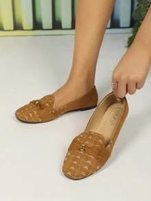 女性滑步平底鞋,休閒風格,駱駝色和粗跟,圓頭,柔軟防滑鞋底,易穿脫,適用於秋季 - 駝色 - 查看 2