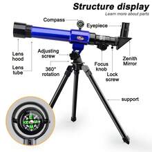 兒童天文望遠鏡,帶有 3 個目鏡、指南針和桌面三腳架,便攜式折射望遠鏡,完美的莖太空玩具禮物,非常適合月球觀測和天文學初學者 - 藍色 - 查看 4