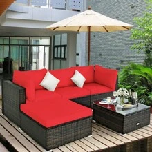 5 Pieces Outdoor Patio Rattan Furniture Set With Cushions-Red & White - 紅色的 - 查看 2
