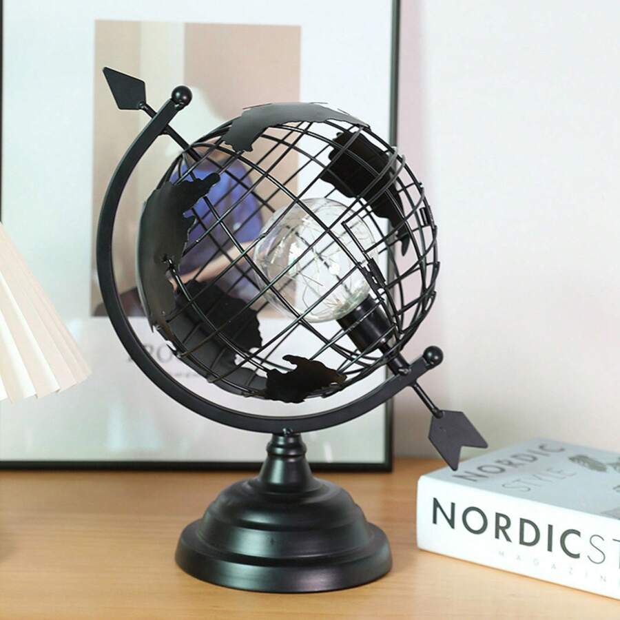 1pc Creative Led Earth Globe Shaped Lamp, Desktop Decoration Light With Rotating Function For Office, Bedroom, Living Room, Birthday Gift, Handmade Night Light - Black - View 1