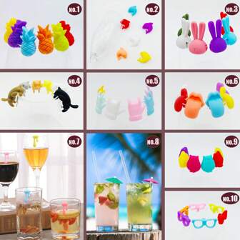 6 件/套硅胶玻璃识别器，迷你可爱装饰标记，适用于酒杯、饮料杯，颜色和设计随机，适用于户外、露营