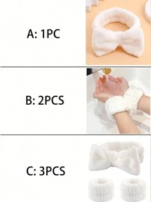 1 件蝴蝶结装饰涤纶沐浴头带和 2 件洗脸腕带，可爱粉色可水洗面部化妆头带和沐浴腕带家居浴室装饰秋季装饰 - 白色 - 查看 5