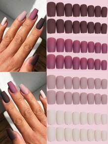 VV MEI JIA ER 96片(混合4種顏色棕色/紫色/裸色/白色)轉印指甲禮物長方形全包裝假指甲,metten贈送假指甲作為女性和女孩的禮物,配有單色人造指甲套裝和1張膠帶和1支指甲文件 - 彩色 - 查看 1