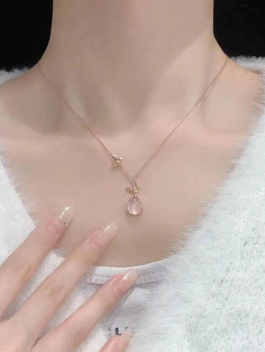 A Hợp kim đồng Ánh sáng sang trọng Ngoại hình đẹp Cô gái Với Đào Và vui tươi Màu hồng Tủy ngọc Nơ Dây chuyền Đối với phụ nữ - Hoa hồng vàng - Xem 1