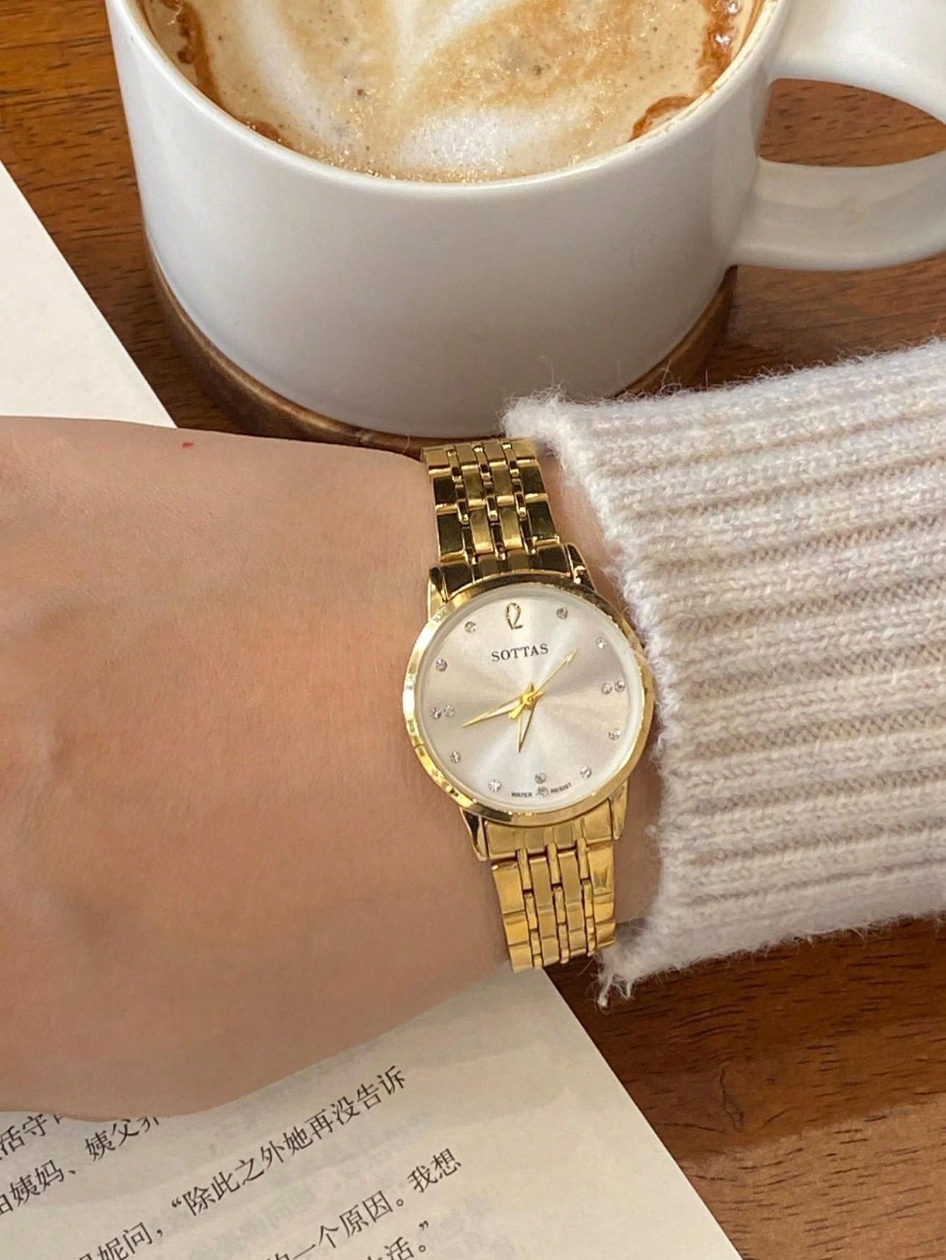 sottas New Ultra-Thin Gold Color Simple Style Ladies Watch, Korean Version Fashionable Casual Waterproof Quartz Wristwatch With Steel Strap - White - View 1