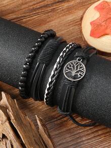 4pcs/Set Vintage Pu Leather Multi-Layer Handmade Woven Tree Of Life Design Men's Leather Bracelets, Wristbands - Black - View 2