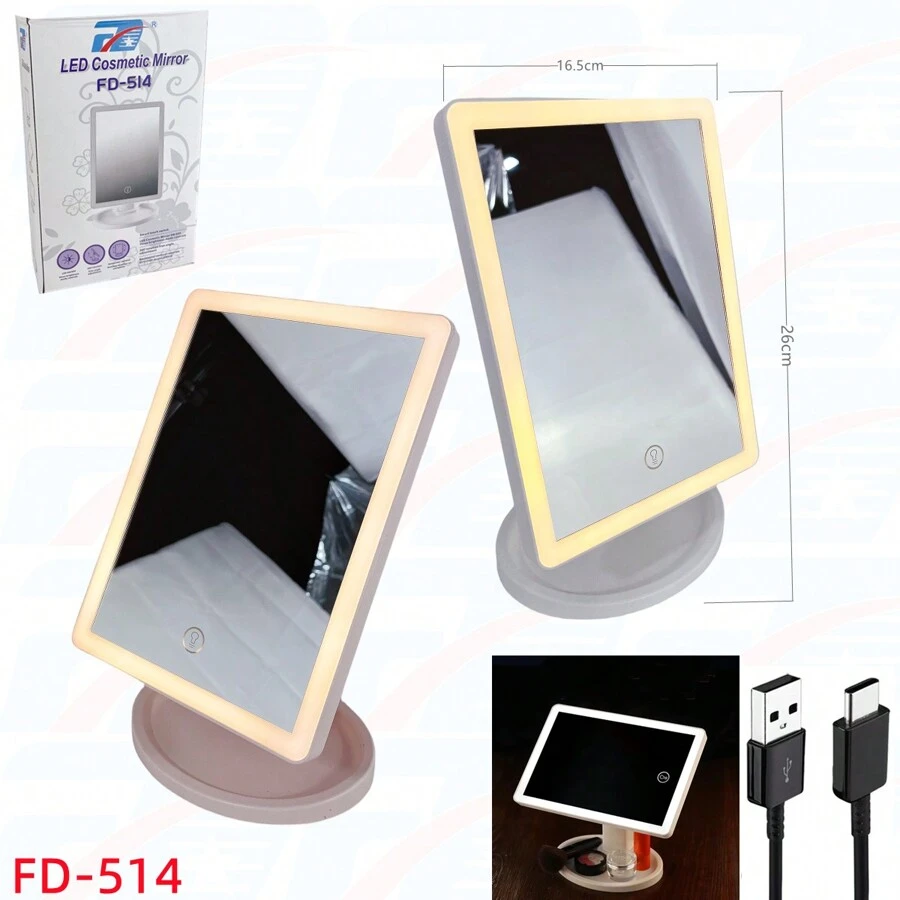 FD Makeup Mirror With LED Lights, 180 Degree Free Rotation, Adjustable Brightness Touch Screen, USB Rechargeable - Pink - View 1
