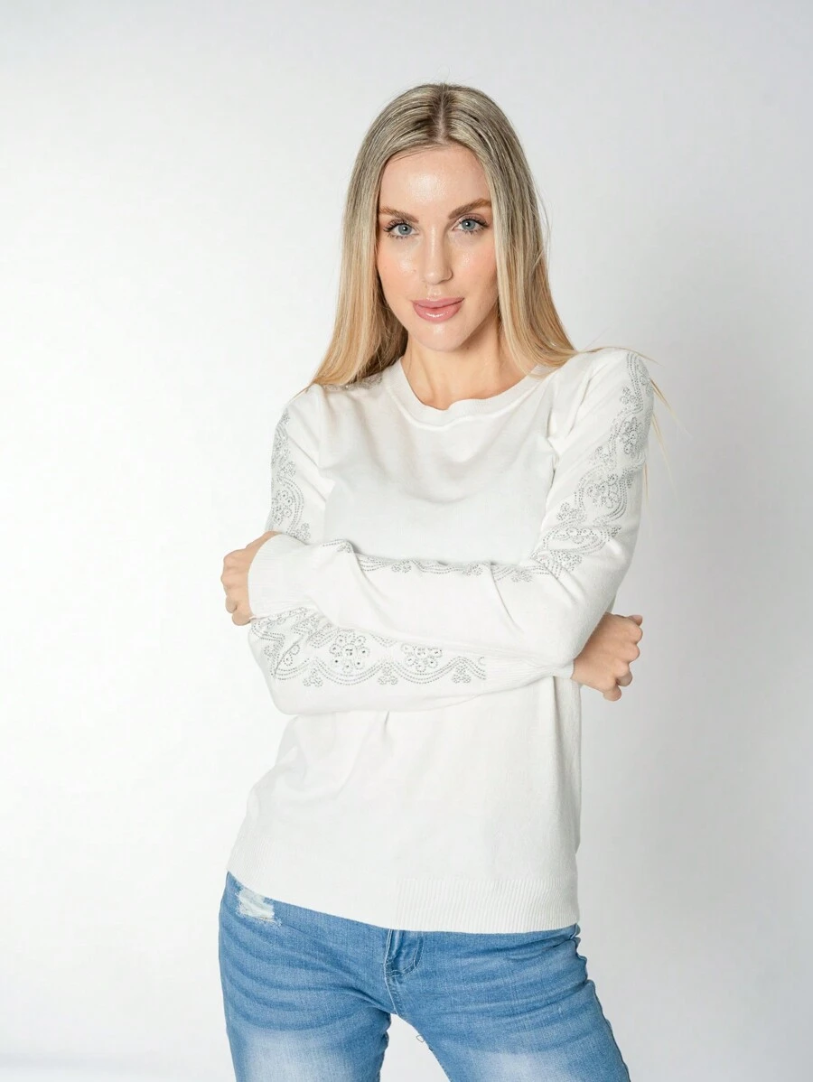 Sueter Liso con Brillo Flores - Blanco - Ver 1