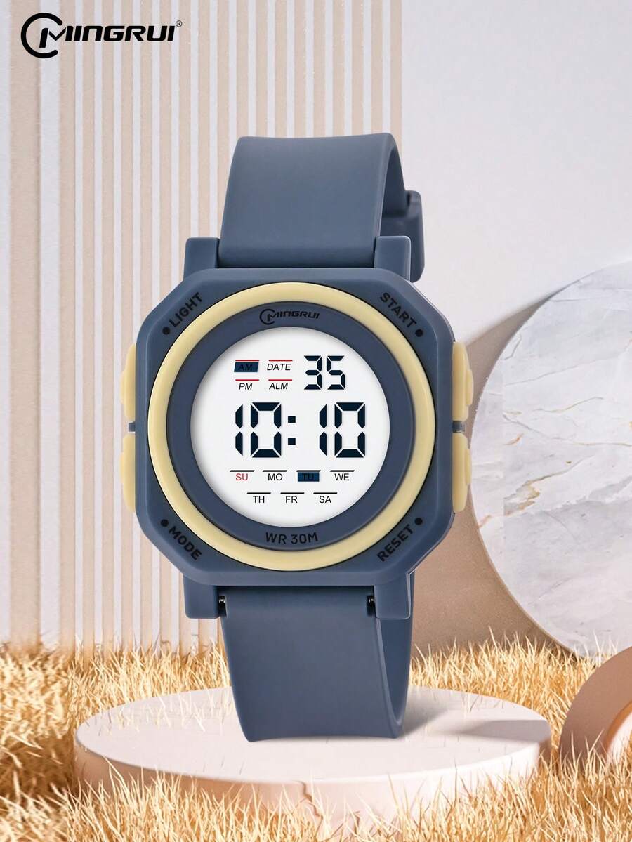 MINGRUI 2024 New Square Shape Couple Electronic Watch With Clock, Timer, 3atm Water Resistance, Night Light Function, Suitable For Kids And Students - Grey - View 1