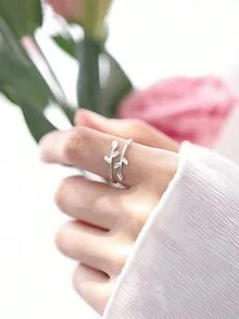 1枚簡約925純銀葉狀戒指,可調整開口戒指,中性珠寶,生日禮物 - 銀色 - 查看 4