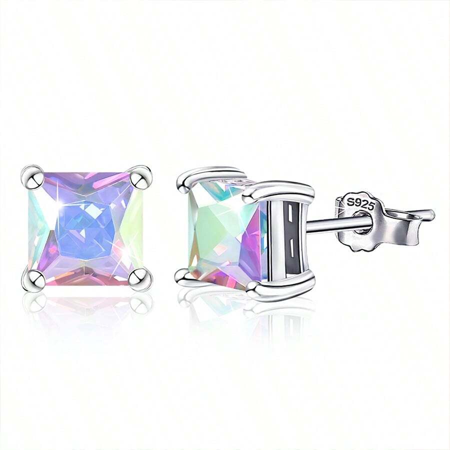 1pair Cubic Zirconia Square Stud Earrings, Fashionable Hypoallergenic Minimalist Geometric Earrings For Daily Wear And Birthday Gift For Women - White - View 1