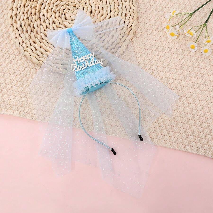 1個女孩公主網紗閃亮帽子，字母Happy Birthday頭帶，適用於生日派對 - 藍色 - 查看 1