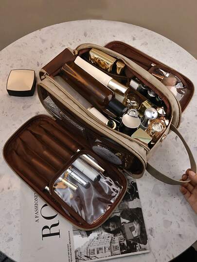 Camel Waterproof PU Leather Multifunctional Makeup Bag Double-Layer Large Capacity Portable Travel Cosmetic Bag Toiletries Storage Bag With Handle For Woman Dividers PU Makeup Bag Brush Storage Bag Men Business Wash Bag School Supplies Travel Essentials Make Up Bag Holiday Essentials Makeup Bags Makeup Pouch Makeup Organizer Holiday Winter 2024 Make Up Organizer Makeup Storage Back To School Supplies