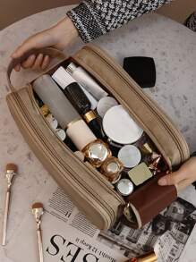 Bolsa de maquillaje multifuncional de PU impermeable de camel de gran capacidad con doble capa, bolsa de cosméticos portátil para viajes con asa, bolsa de almacenamiento para artículos de tocador, con divisores, bolsa de almacenamiento para brochas de maquillaje, bolsa de aseo para hombres, artículos escolares, artículos esenciales de viaje, bolsas de maquillaje, bolsas organizadoras de maquillaje, organizador de maquillaje, almacenamiento de maquillaje, artículos de regreso a la escuela, suministros de vacaciones de invierno 2024