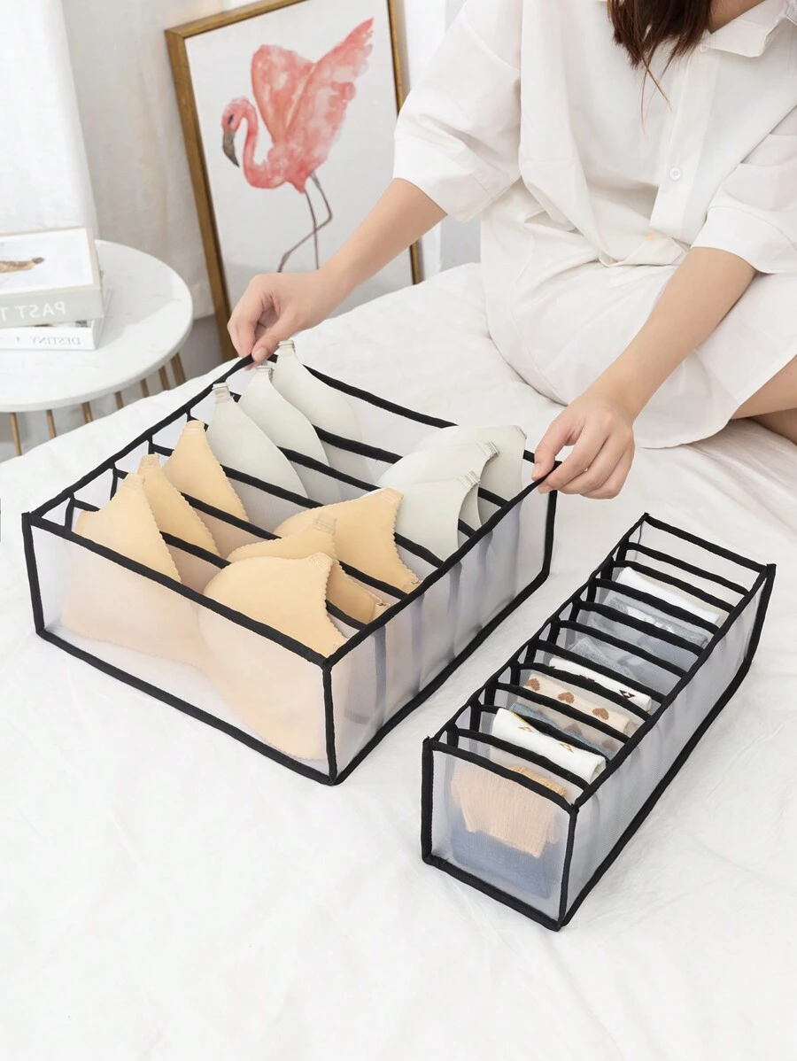 3入組簡易抽屜式收納盒,帶隔層,適用於宿舍整理襪子、內衣、衣服,可折疊節省空間 - 黑色 - 查看 1