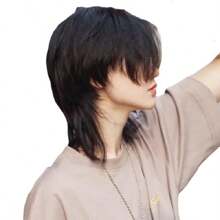 女士短发假发/男士狼尾和动物鱼头假发，隐形增强，时尚帅气短直发假发配化纤帽，适合女性/男性/青少年角色扮演等场合 - 黑色 - 查看 5