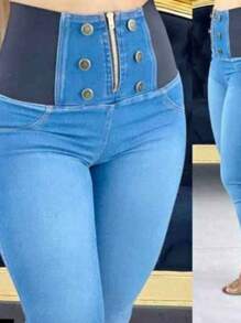 Pantalon costillero mezclilla botones doble faja - azul real - Ver 3
