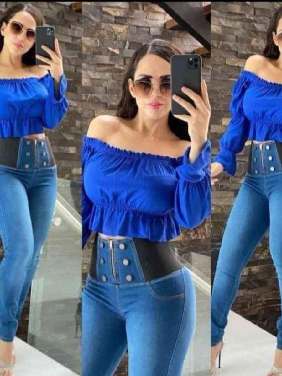 Pantalon costillero mezclilla botones doble faja - azul real - Ver 1
