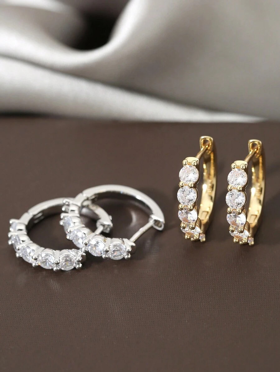 2入組時尚閃亮鋯石鑲嵌耳釘,適用於女性日常佩戴 - 金黃色 - 查看 1