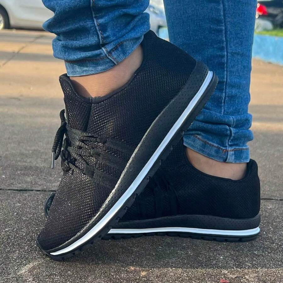 Tênis Femenino Confortável Leve Trabalhar Caminhar - Preto e Branco - Visão 1