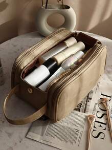 Bolsa de maquillaje multifuncional de PU impermeable de camel de gran capacidad con doble capa, bolsa de cosméticos portátil para viajes con asa, bolsa de almacenamiento para artículos de tocador, con divisores, bolsa de almacenamiento para brochas de maquillaje, bolsa de aseo para hombres, artículos escolares, artículos esenciales de viaje, bolsas de maquillaje, bolsas organizadoras de maquillaje, organizador de maquillaje, almacenamiento de maquillaje, artículos de regreso a la escuela, suministros de vacaciones de invierno 2024