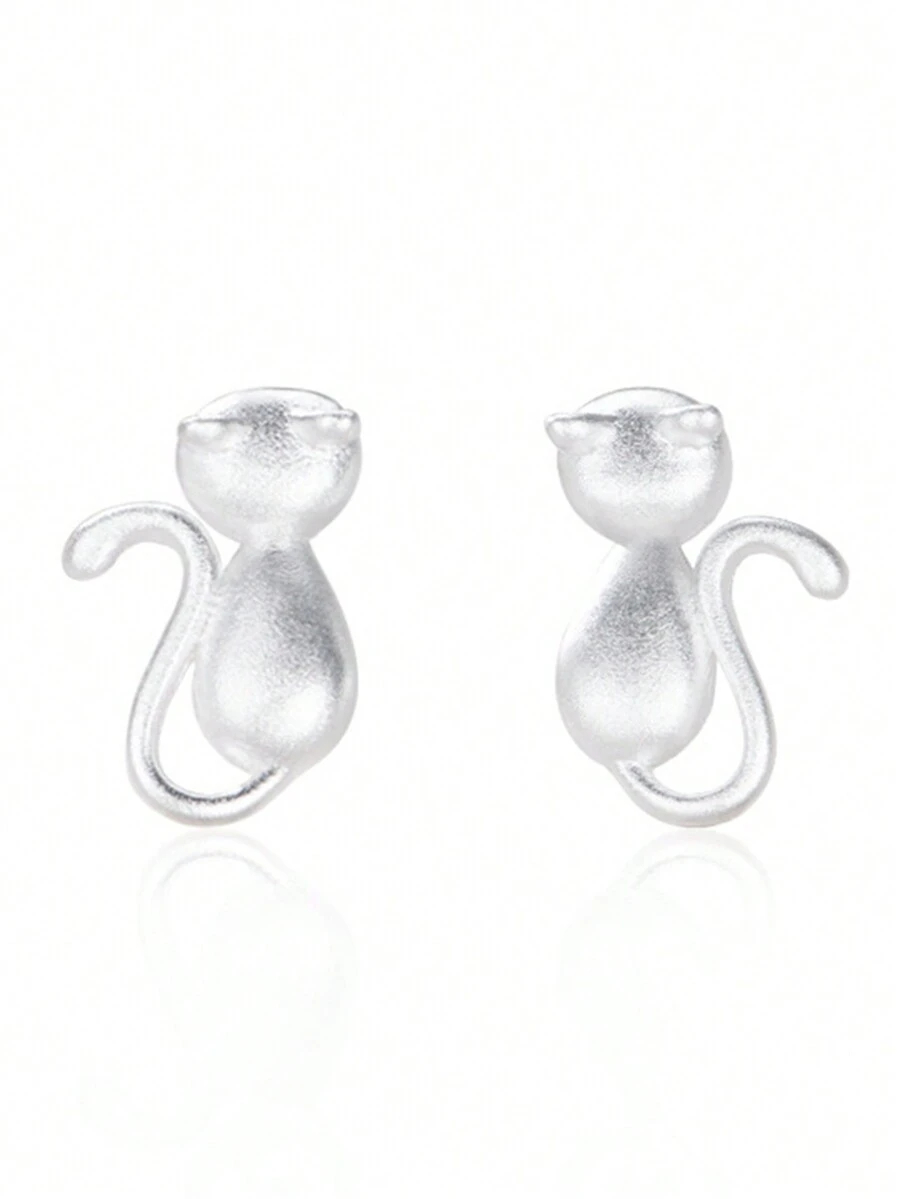 1對可愛純925銀霧面貓後插耳釘,低敏感性,適合女性日常穿戴 - YW0889 - 查看 1