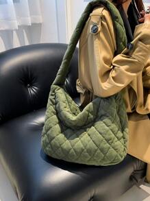 Large Capacity Solid Color Corduroy Shoulder Bag With Quilted Diamond Pattern, Foldable Fashionable Tote Bag For Women, Puffy Design Handbags, School Supplies, School Bag, School Handbag, School Tote Bag, School Bookbag, Back To School Bags, Waterproof, Lightweight, Portable, Classic Casual, Suitable For Teen Girls Women College Students, Perfect For Back To School, First Day Of School - Army Green - View 7