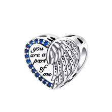 Silver Plated Charm Love Feather Angel Diamond Blue Beads Charm Pendant Ball Suitable For Bracelets DIY Women's Jewelry