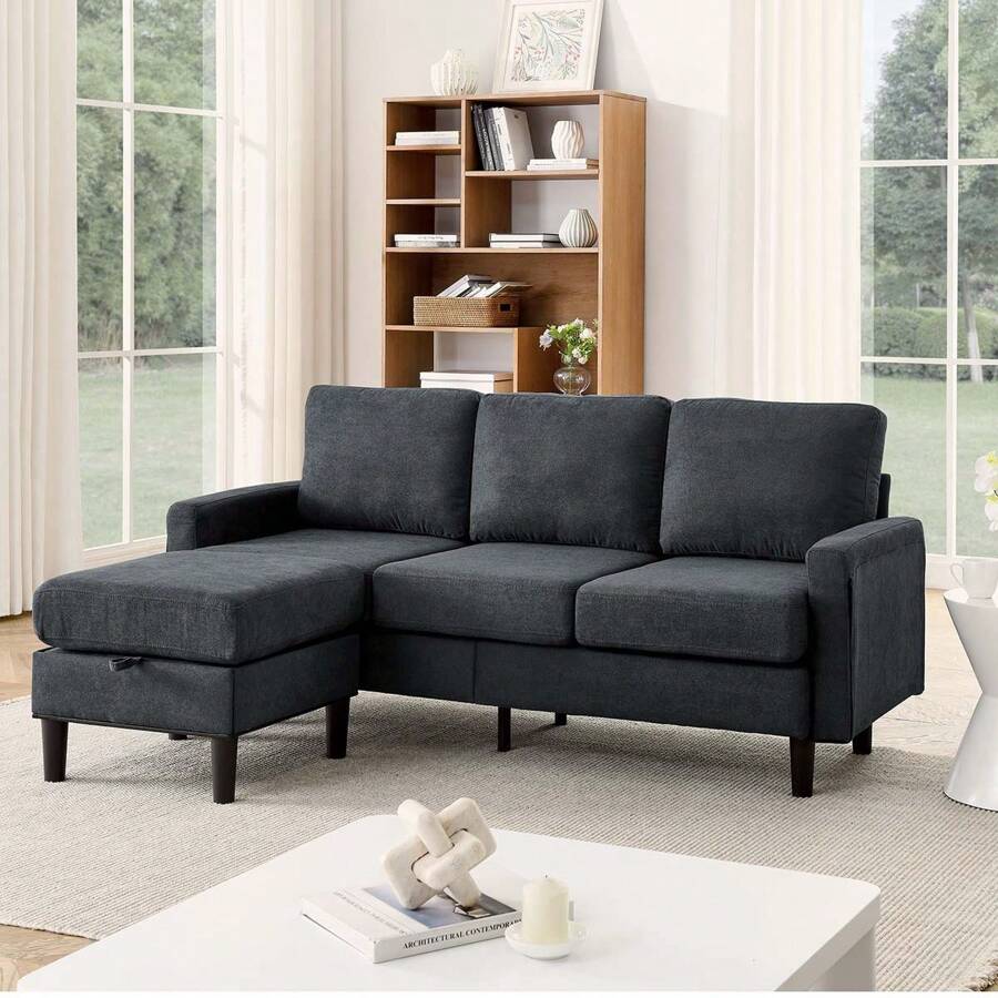 Upholstered Sectional Sofa Couch, L Shaped Couch With Storage Reversible Ottoman Bench 3 Seater For Living Room, Apartment, Compact Spaces - 深灰色 - 查看 1