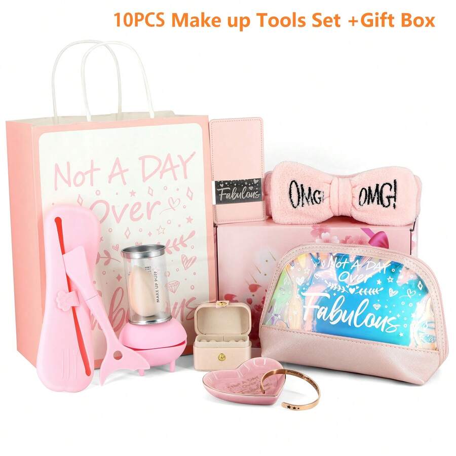 10入組浴室工具套裝包括頭帶,鏡子,首飾盒,化妝品組織包,防曬眼影卡,粉紅色櫻花禮盒 - 粉紅櫻花禮盒裝 - 查看 1