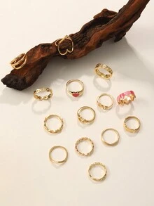 14pcs Sweet & Personalized Heart Shaped Alloy Ring Set, Ideal For Women'S Party, Birthday & Anniversary Gift - Yellow Gold - View 2