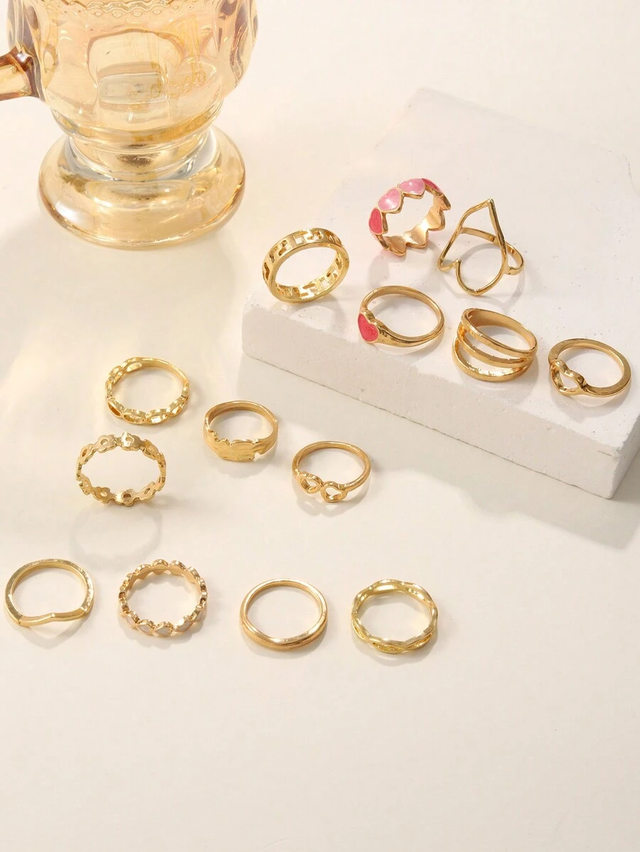 14pcs Sweet & Personalized Heart Shaped Alloy Ring Set, Ideal For Women'S Party, Birthday & Anniversary Gift - Yellow Gold - View 1