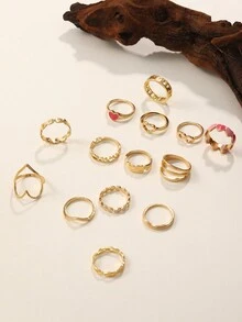 14pcs Sweet & Personalized Heart Shaped Alloy Ring Set, Ideal For Women'S Party, Birthday & Anniversary Gift - Yellow Gold - View 3
