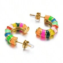 1对女士个性化法式极简主义高端不锈钢水滴耳环，C形竹节多巴胺U形彩色耳环，质感奢华，适合节日或日常佩戴 - style 1 - 查看 9