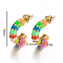 1对女士个性化法式极简主义高端不锈钢水滴耳环，C形竹节多巴胺U形彩色耳环，质感奢华，适合节日或日常佩戴 - style 1 - 查看 4