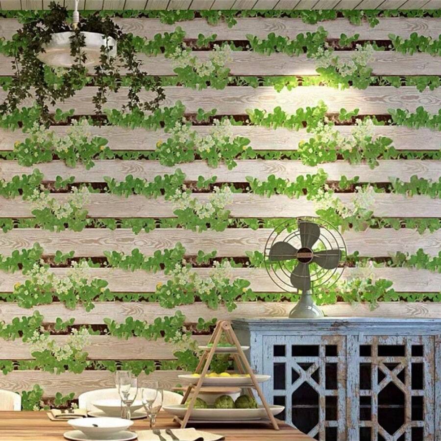 1卷英國綠葉條紋自粘壁紙,適用於電視背景、房間和咖啡店牆面,操作簡單,防污防水 - 綠色 - 查看 1