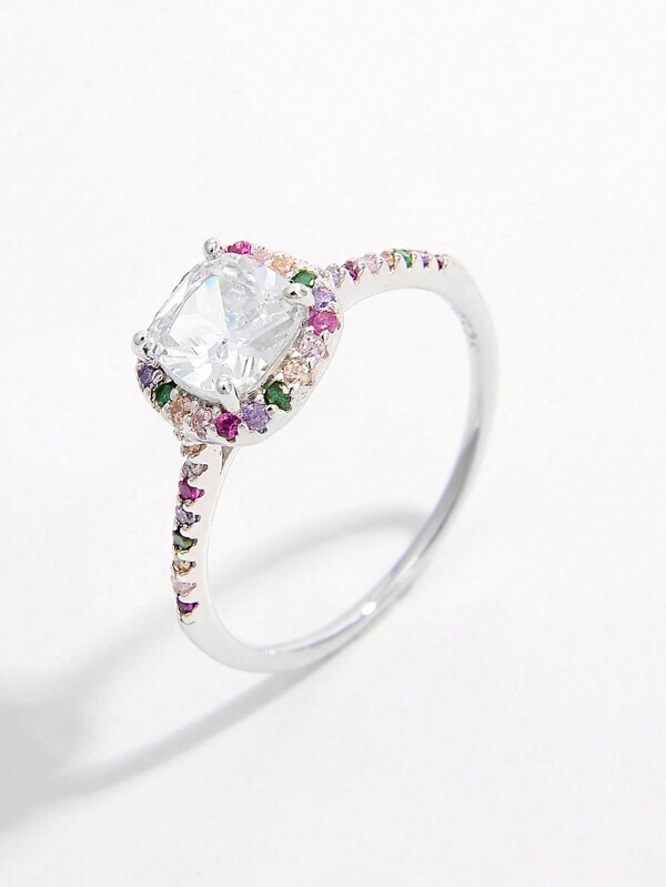 Vaerine 1pc Classic & Glamorous & Shiny 925 Silver Square Main Stone Ring For Women, A Gift That Embodies Elegance Wedding Engagement Bridal Jewelry