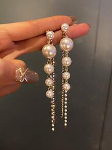 1pair Fashionable Copper Alloy Long Beaded Tassel Dangle Earrings For Women For Banquet, Prom, Party