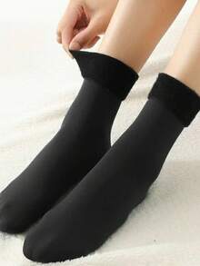 2 双纯色秋冬季女士保暖袜保暖内衬加厚雪地袜户外旅行袜 - 黑色 - 查看 2