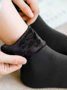 2 双纯色秋冬季女士保暖袜保暖内衬加厚雪地袜户外旅行袜 - 黑色 - 查看 1