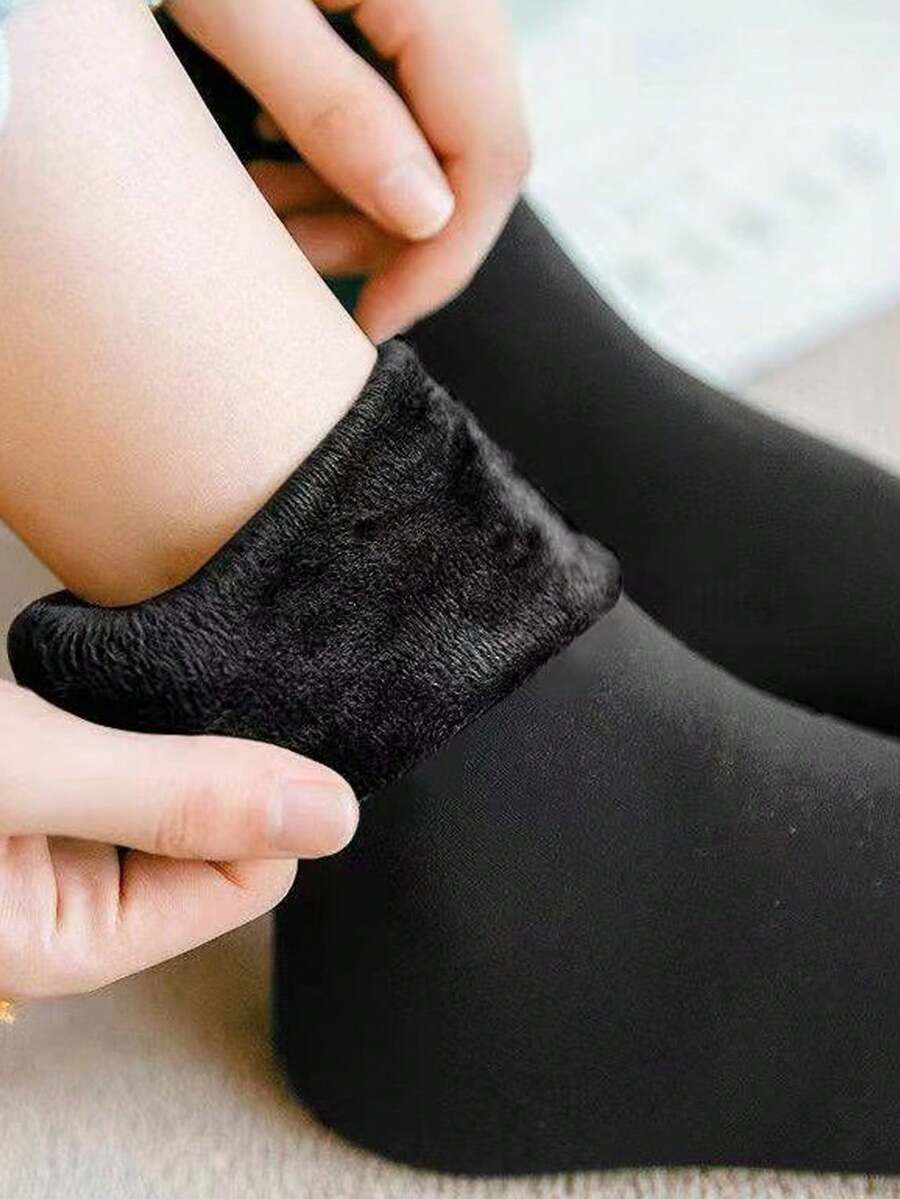 2 双纯色秋冬季女士保暖袜保暖内衬加厚雪地袜户外旅行袜 - 黑色 - 查看 1
