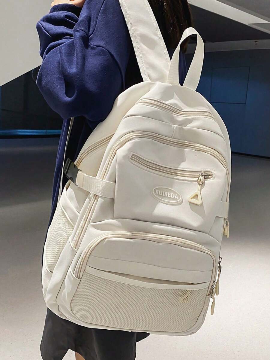 字母贴片装饰纯色背包大容量多功能背包手提包，多个口袋笔记本电脑手提包背包，商务工作背包学院书包女士防水背包适合户外旅行日常通勤学校背包，书包，学校书包，大背包，大容量，便携，轻便，笔记本电脑隔层，适合少女女大学生，非常适合返校，开学第一天，大学，中学，高中