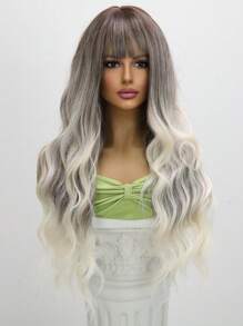 26吋深灰色漸層波浪捲髮瀏海適合日常佩戴合成纖維女假髮 - 漸層 - 查看 5