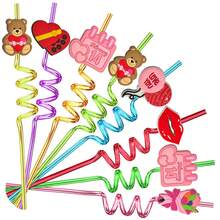24pcs Valentine's Day Theme Party Decorations Reusable Spiral Straws, 8 Colors Straws Randomly Packed In Bag With 6 Valentine's Day Theme Patterns, Perfect Party Favor For Family Gathering, Valentine's Day Party, Birthday Party, Themed Party, Valentine's Day Decorations, Comes With 2 Cleaning Brushes - Multicolor - View 1