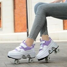 Transformable Shoes With Wheels, Fashion Roller Skate Shoes With 4 Wheels/2 Wheels, Retractable Roller Skating Shoes, One-Button Control For Walking Or Skating - Purple - View 3